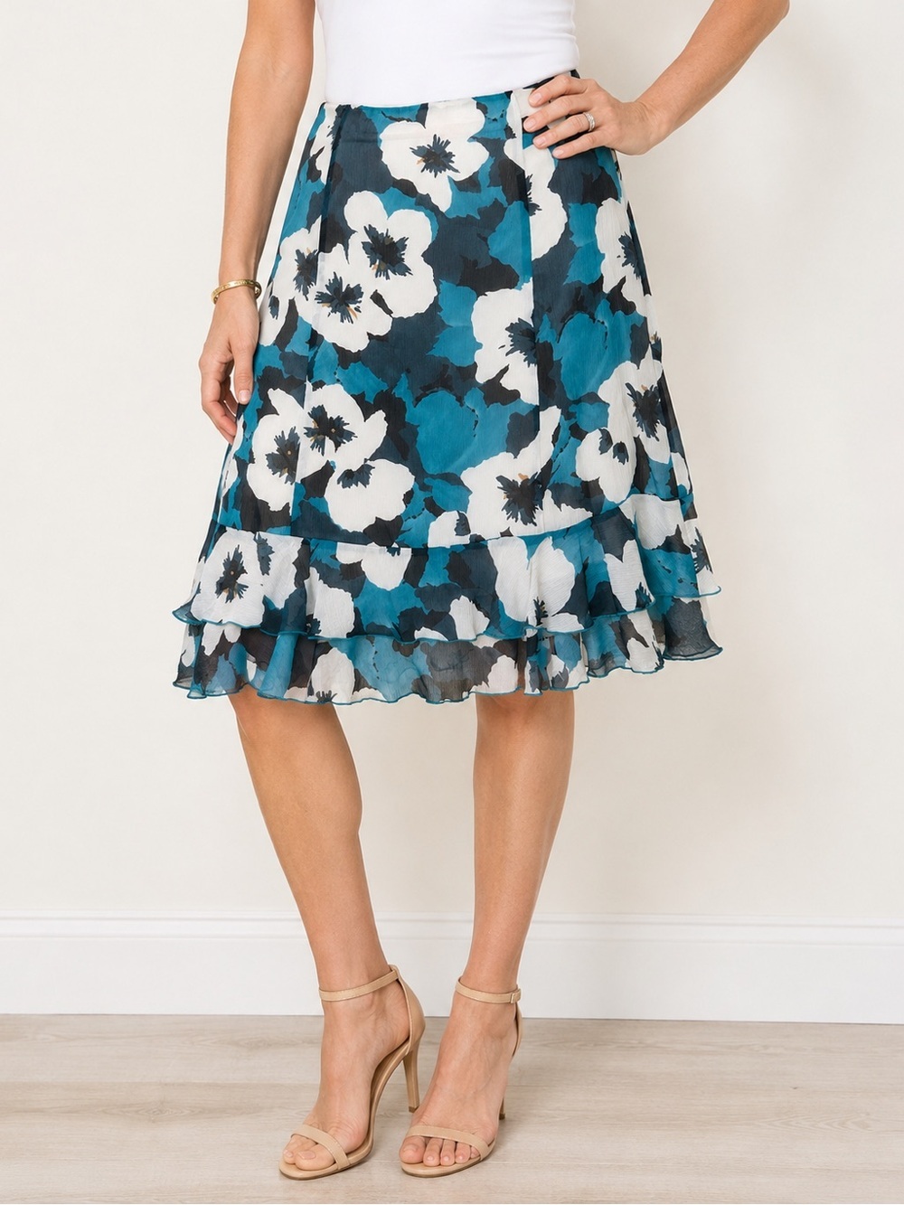 Oscar de la Renta Silk Floral Ruffle Skirt Blue White Size 12 Midi